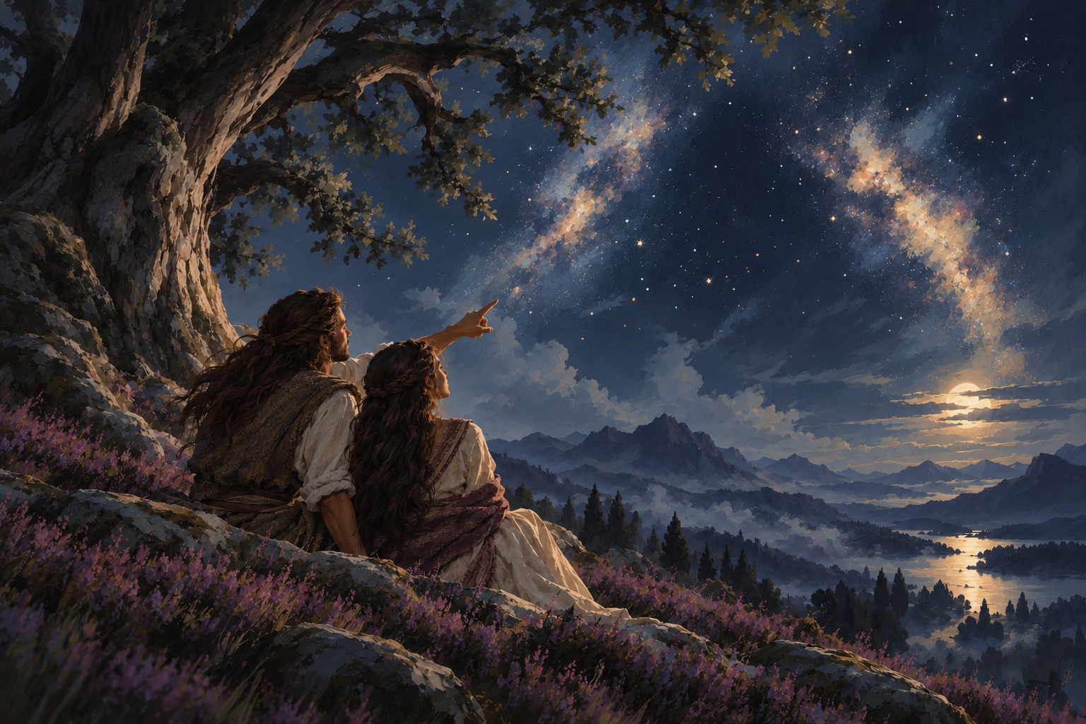 Una pareja contempla las estrellas bajo un gran roble