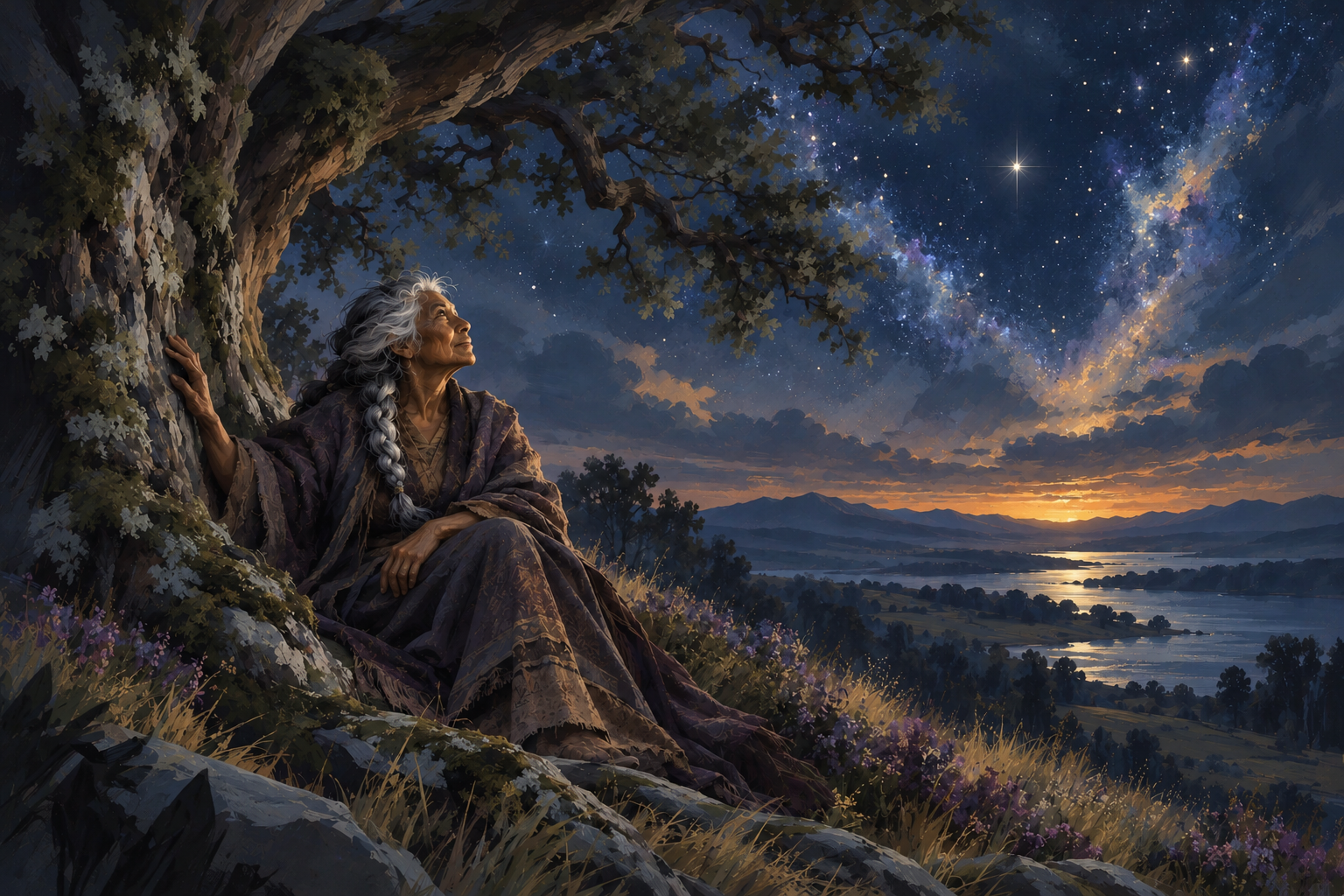 Una anciana contempla la estrella junto al viejo roble