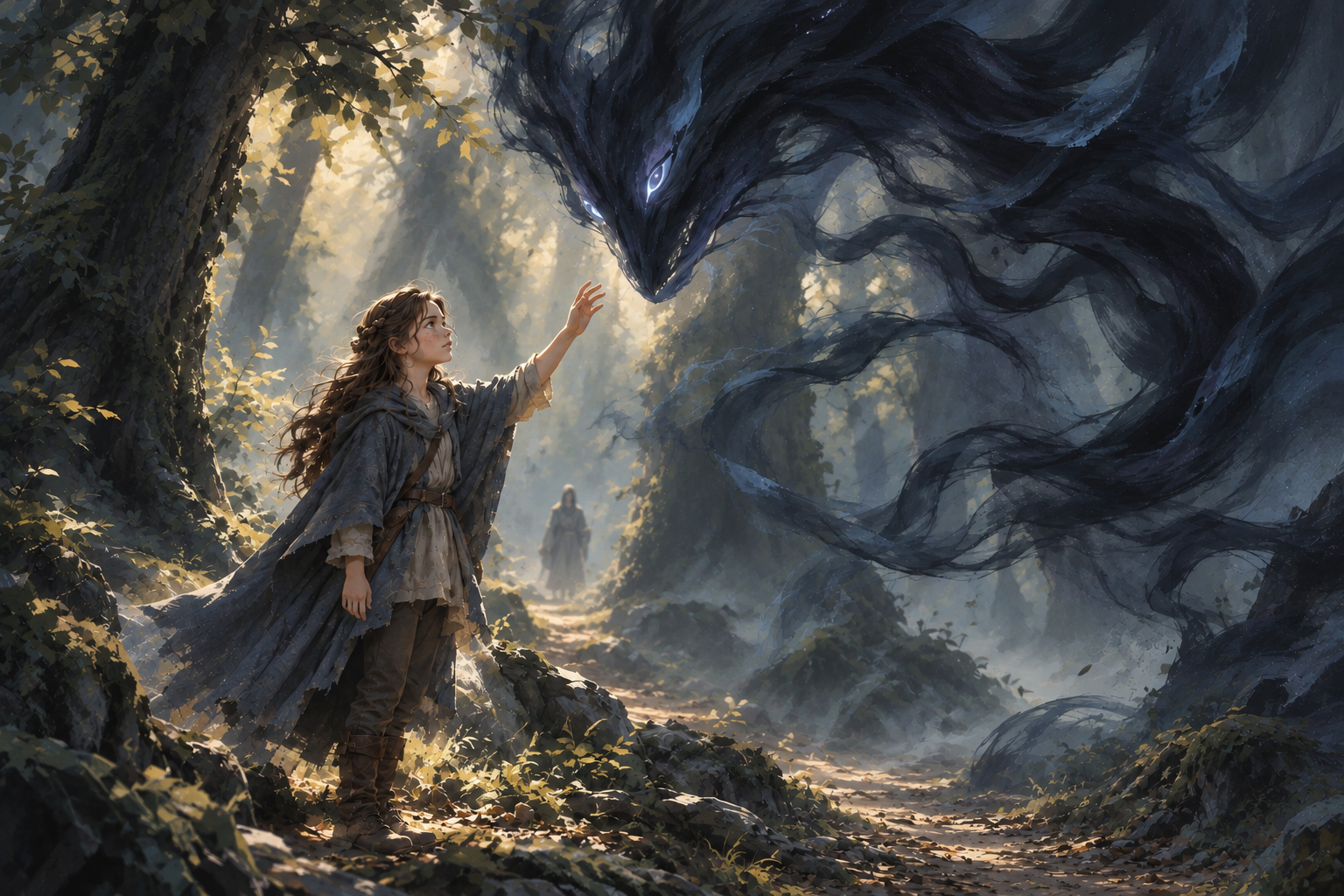 Luna extiende la mano hacia su sombra en el Bosque del Silencio
