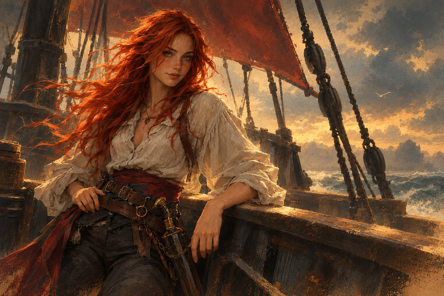 Ailish junto a la borda de un barco de velas escarlatas