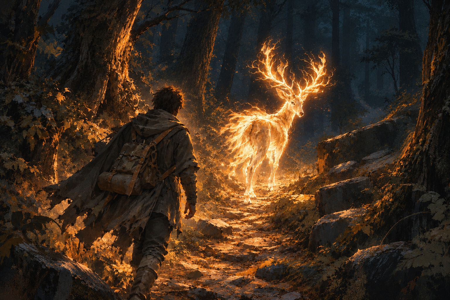 El ciervo flamígero ilumina el sendero que Arin se dispone a seguir