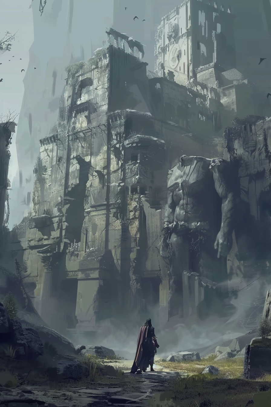 Un viajero contempla una fortaleza en ruinas