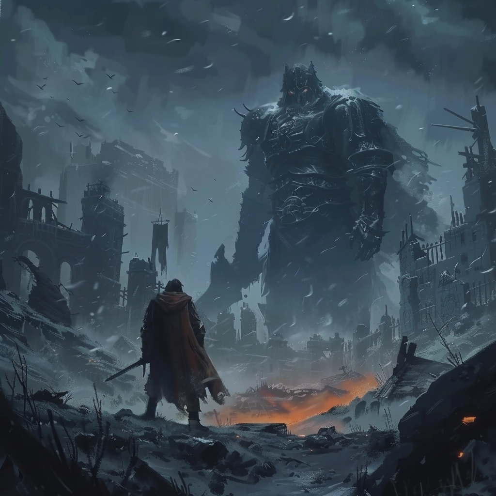 Un guerrero ante un gigante oscuro entre ruinas cubiertas de nieve