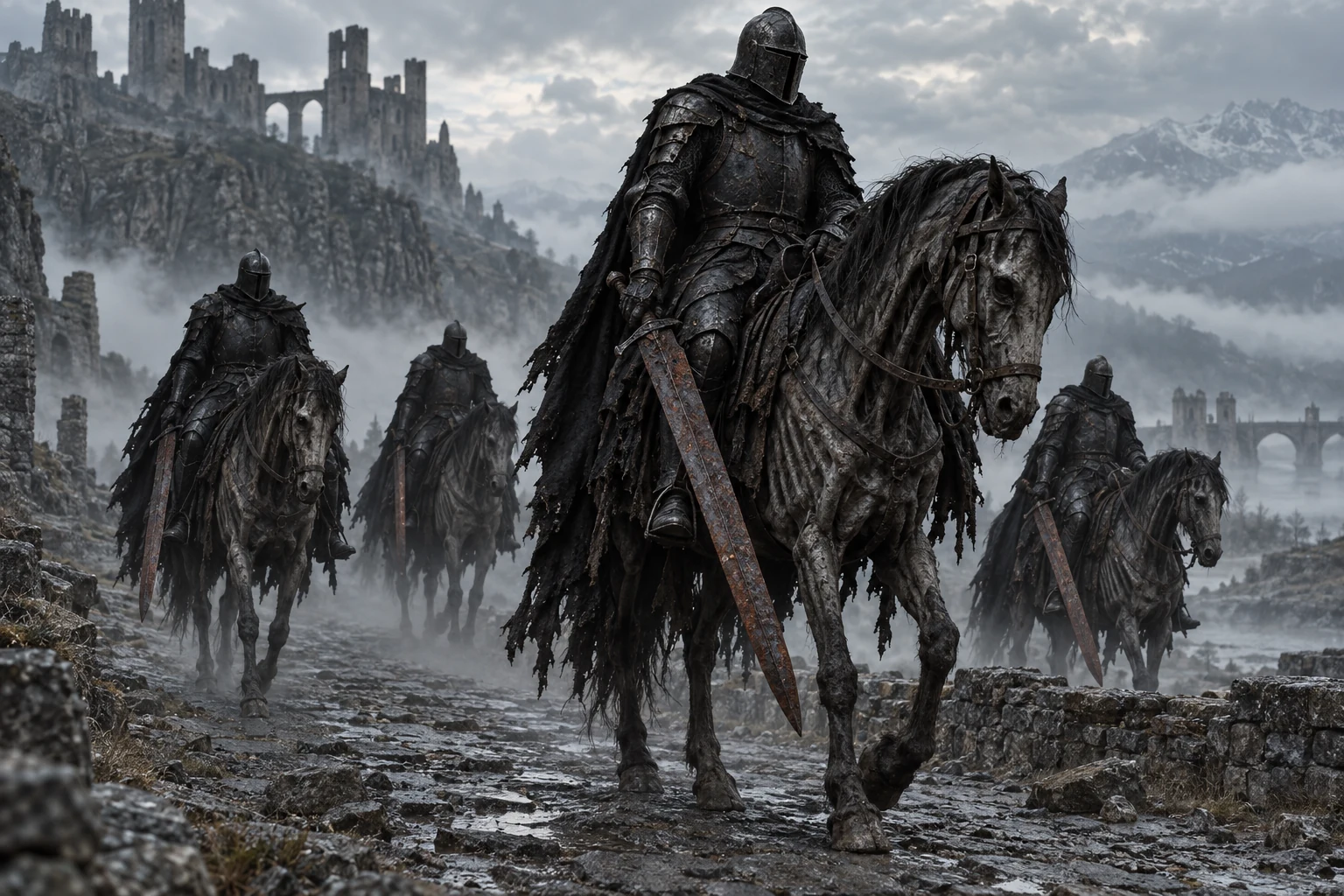 Caballeros de armadura negra sobre caballos demacrados, con espadas de hierro oxidado