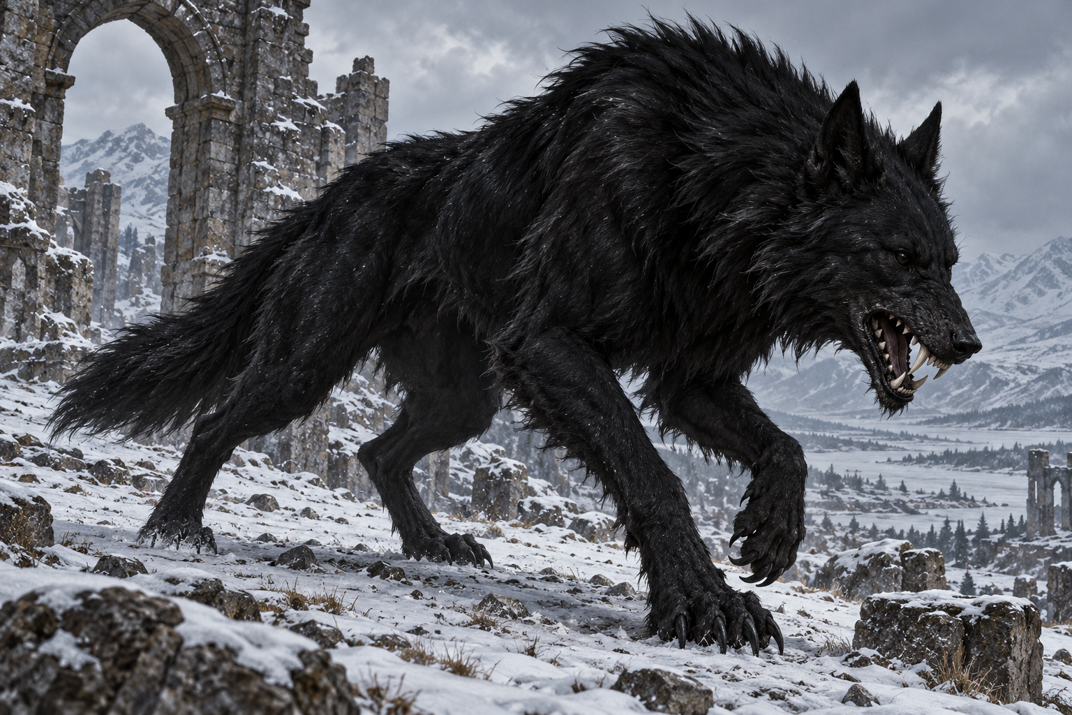 Un enorme lobo negro, con ojos oscuros y largas garras